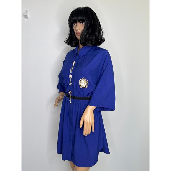 Vintage Gina Royal Blue Cameo Blouse / dress Pearl & Gold Chain Accents Medium - Picture 4 of 16